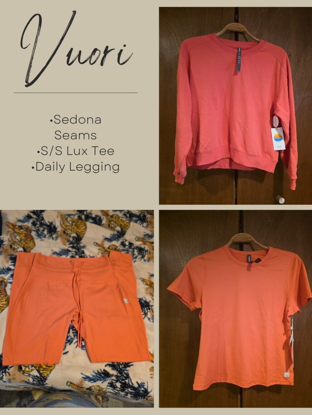 Vuori Sweatshirt, Tee, And Leggings Bright Coral Bundle